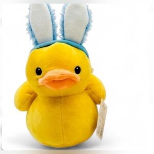 Plush Yellow Duck Soft Toy with Blue Bunny Ears 10” NEW!